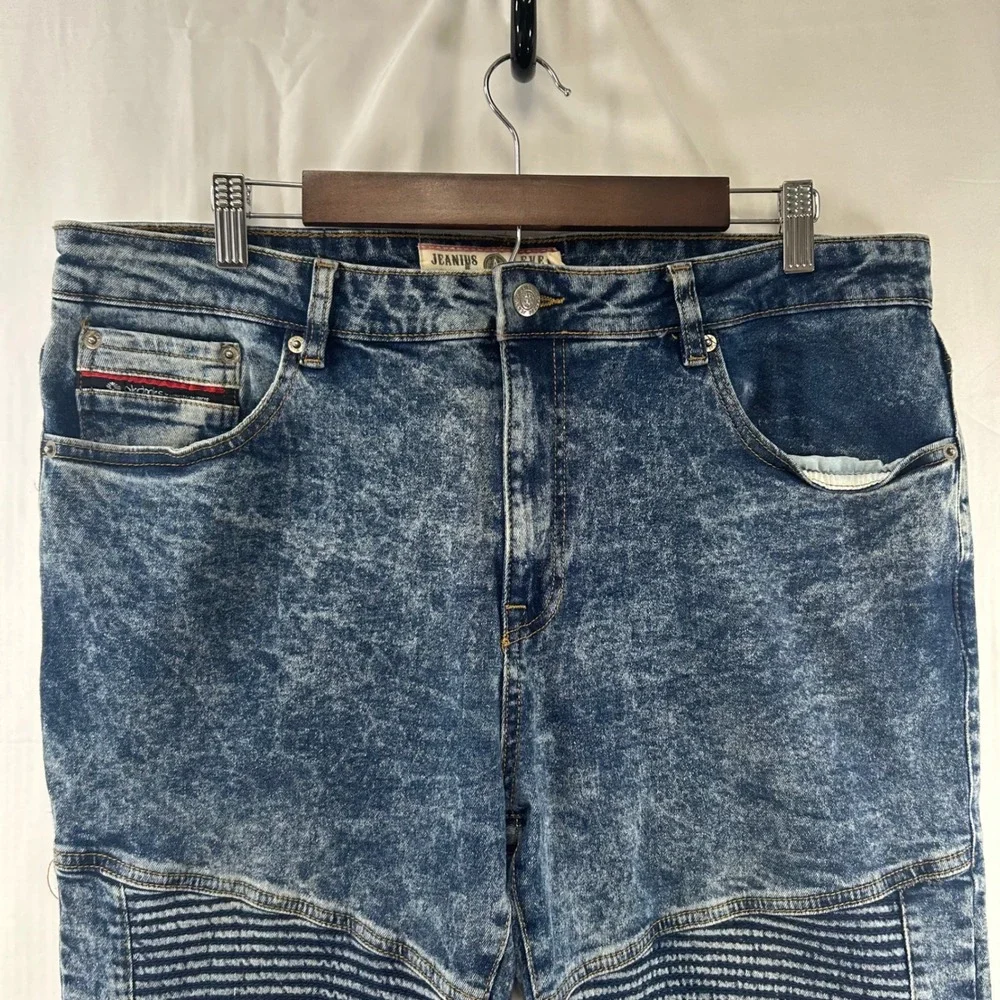 Akademiks‎ Moto Jeans Mens 38x32 Blue Acid Wash Ribbed Knee Streetwear